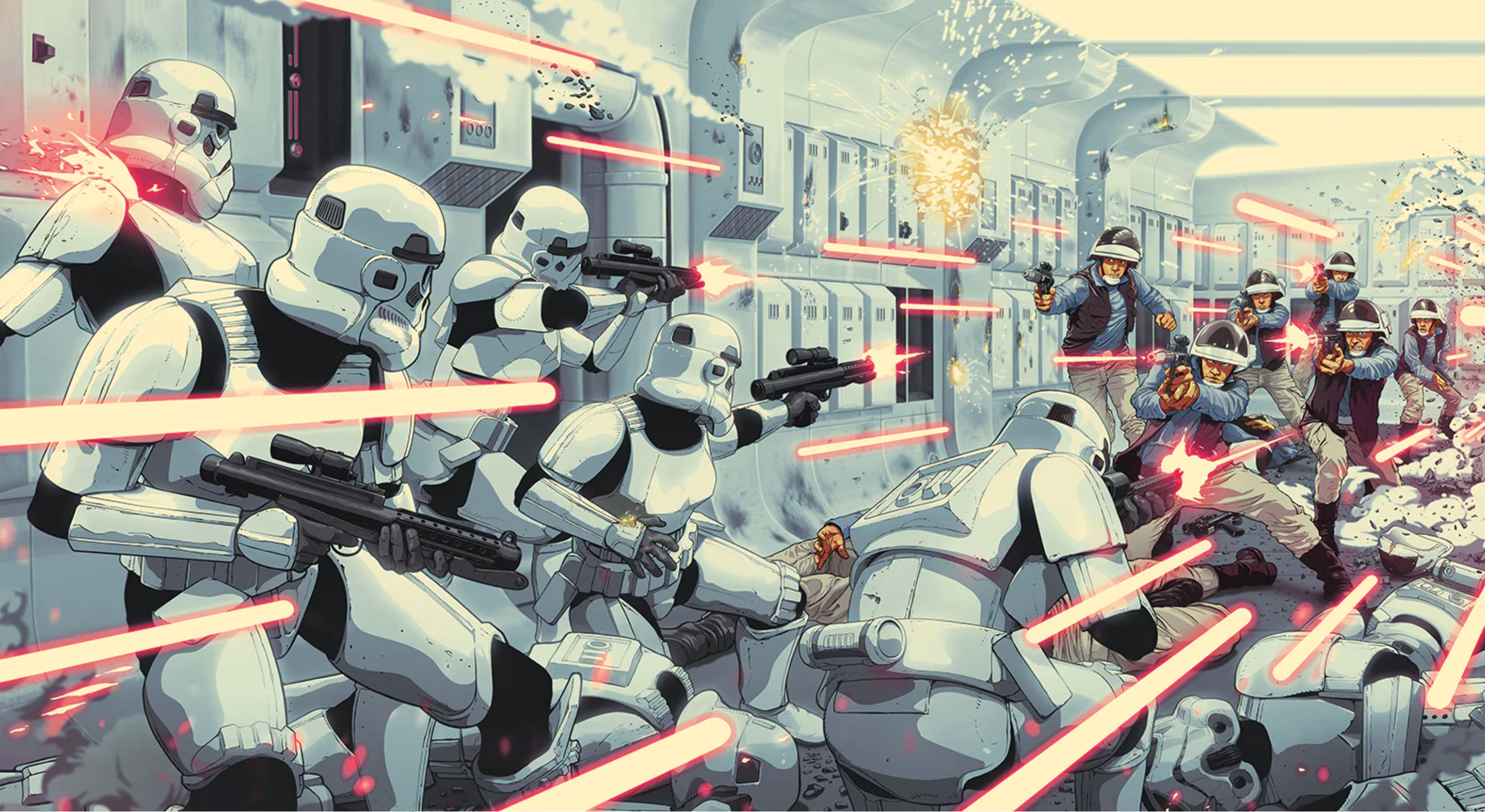 Rebel troopers and incoming stormtroopers exchange fire aboard the Tantive IV.