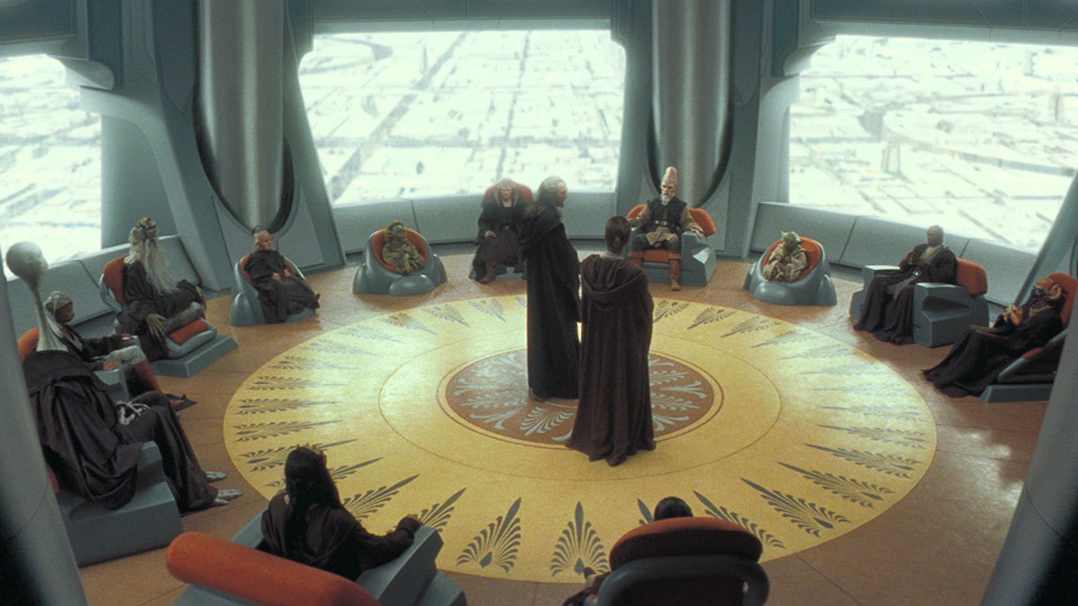 Rael Averross contacted the Jedi Council (pictured) to request Qui-Gon Jinn's assistance on Pijal.