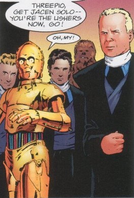 C-3PO becomes an usher at the wedding of Luke Skywalker and Mara Jade.