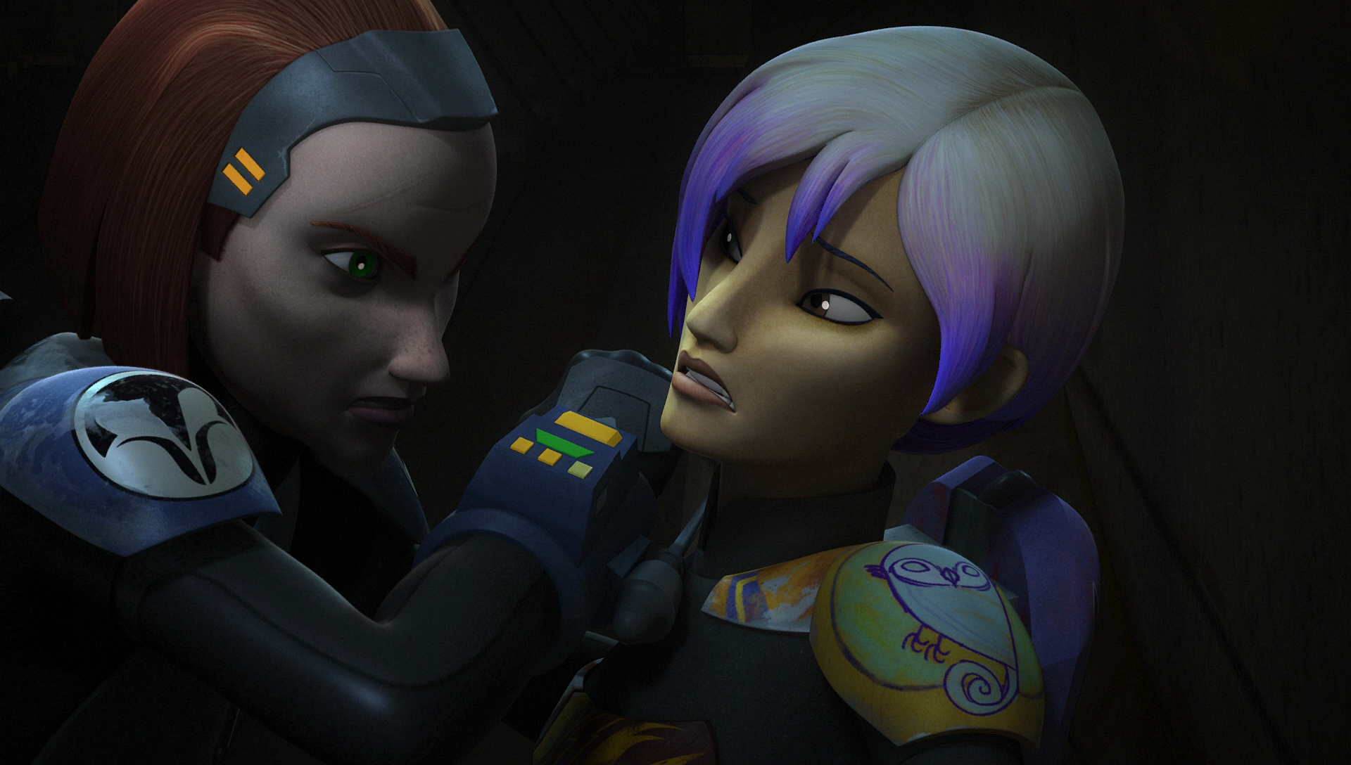 Bo-Katan furiously speaks with Sabine over the younger Mandalorian's creation of the Duchess.