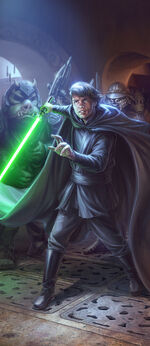 A non- version of Luke using his lightsaber to persuade Jabba to release his companions.