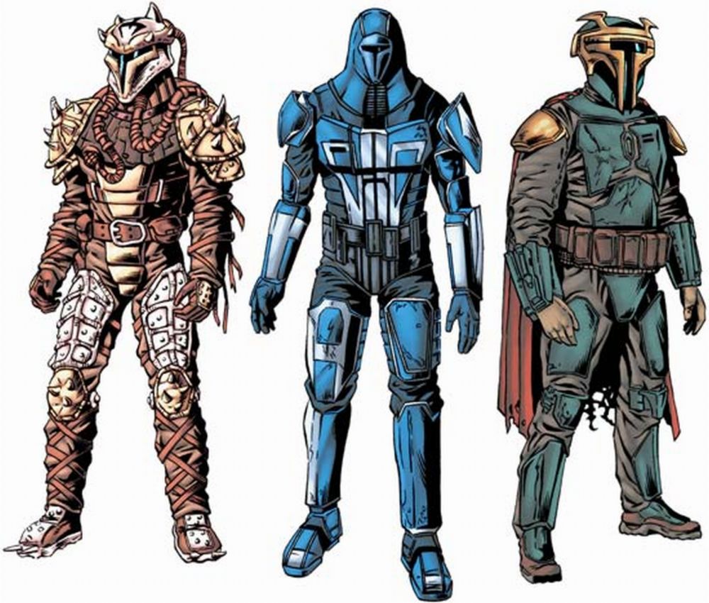 Three examples of Mandalorian armor: Crusader, Neo-Crusaders, and Death Watch