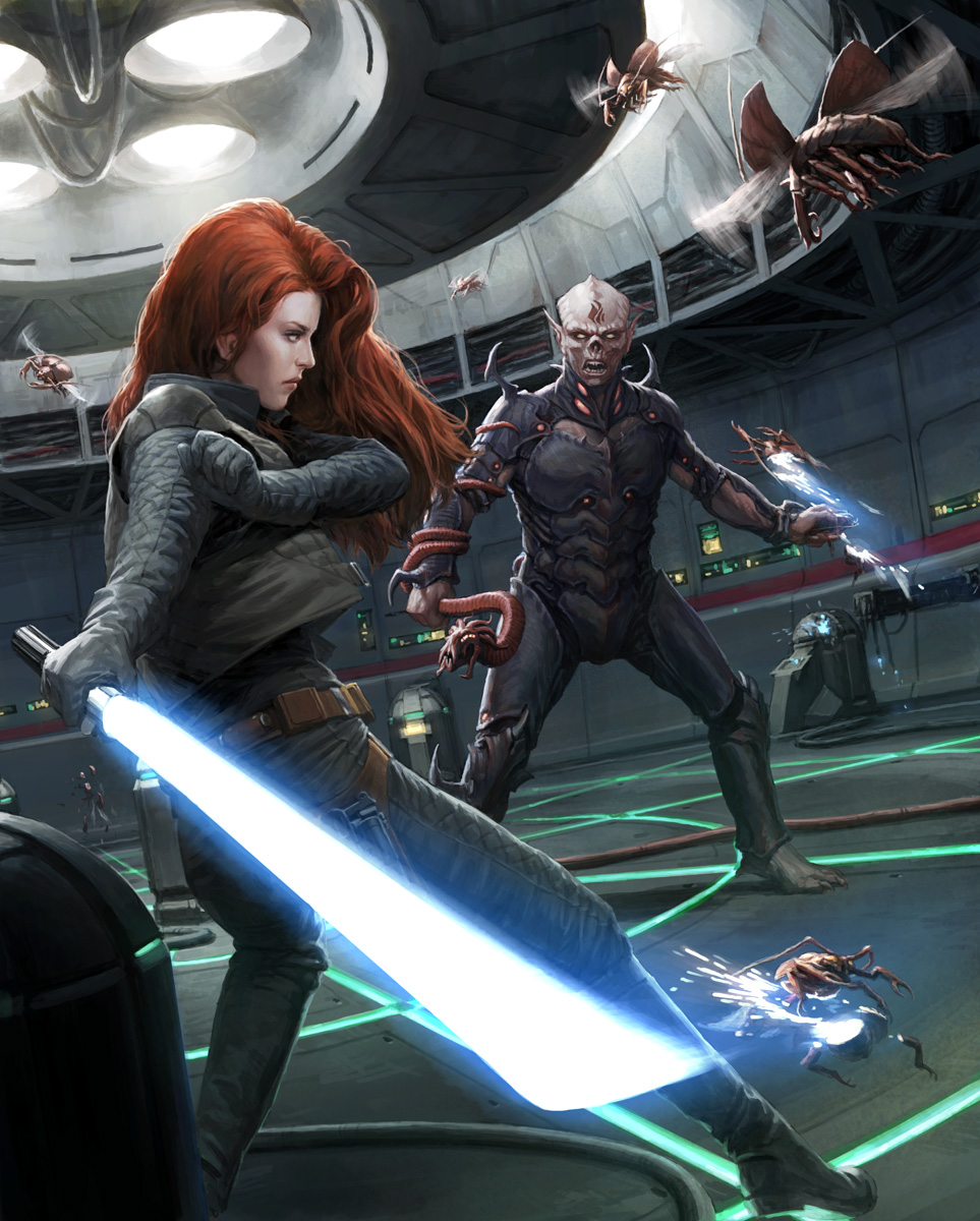 Mara Jade Skywalker deflects incoming thud bugs thrown by Yomin Carr on Belkadan.