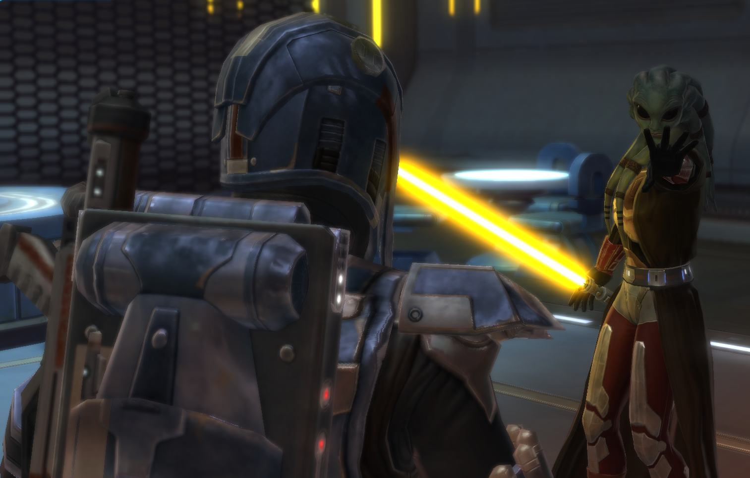 Bengel Morr dispatches his Mandalorian opponents with the help of the Hero.