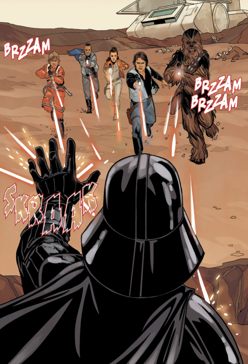 Skywalker and his friends shoot at a weakened Darth Vader.