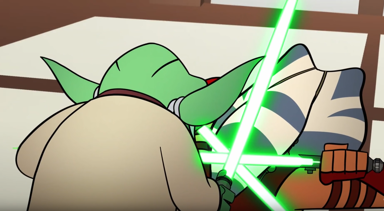 Ahsoka blocks Yoda's blade.