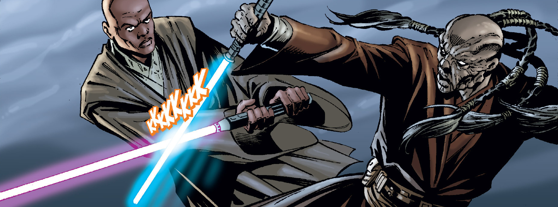 Sora Bulq, now revealed to be a Confederate agent, battles Mace Windu.