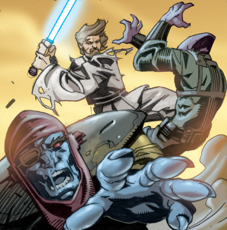 Obi-Wan fighting two bounty hunters.