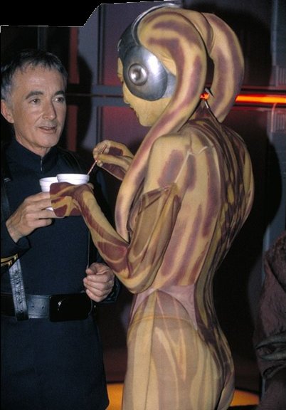 Karina Wakefield in costume chatting with C-3PO actor Anthony Daniels