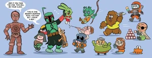 A protocol droid introduces Boba Fett to a class of baby versions of various Star Wars characters including Malakili, Jaxxon T