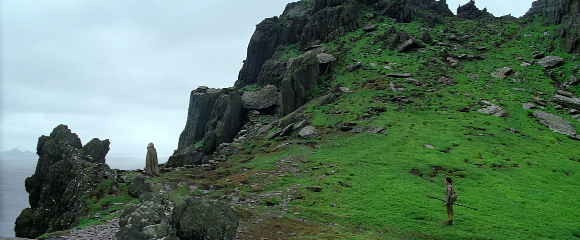 Rey finds Luke Skywalker on the oceanic planet of Ahch-To.