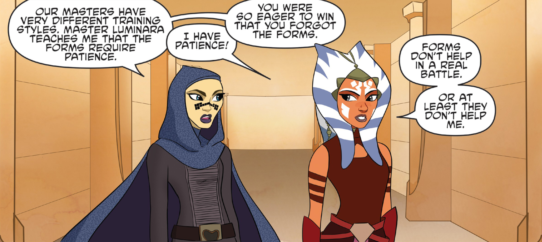 Barriss Offee and Ahsoka Tano talk after their training session.