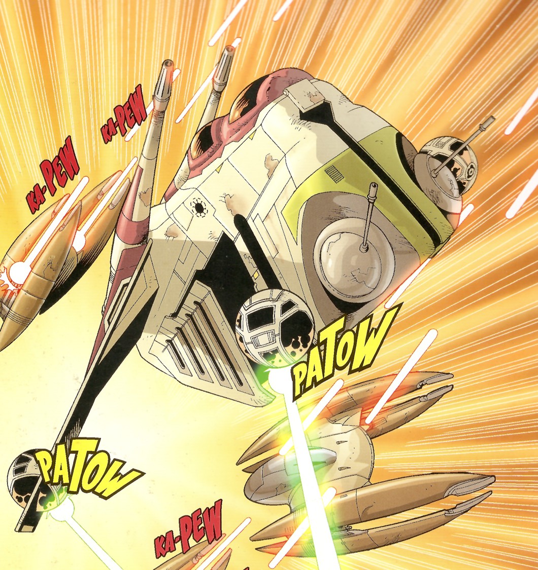 An LAAT/i in combat against Vulture droid starfighters.