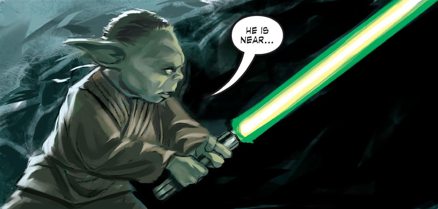 Minch, wielding his green–bladed lightsaber.