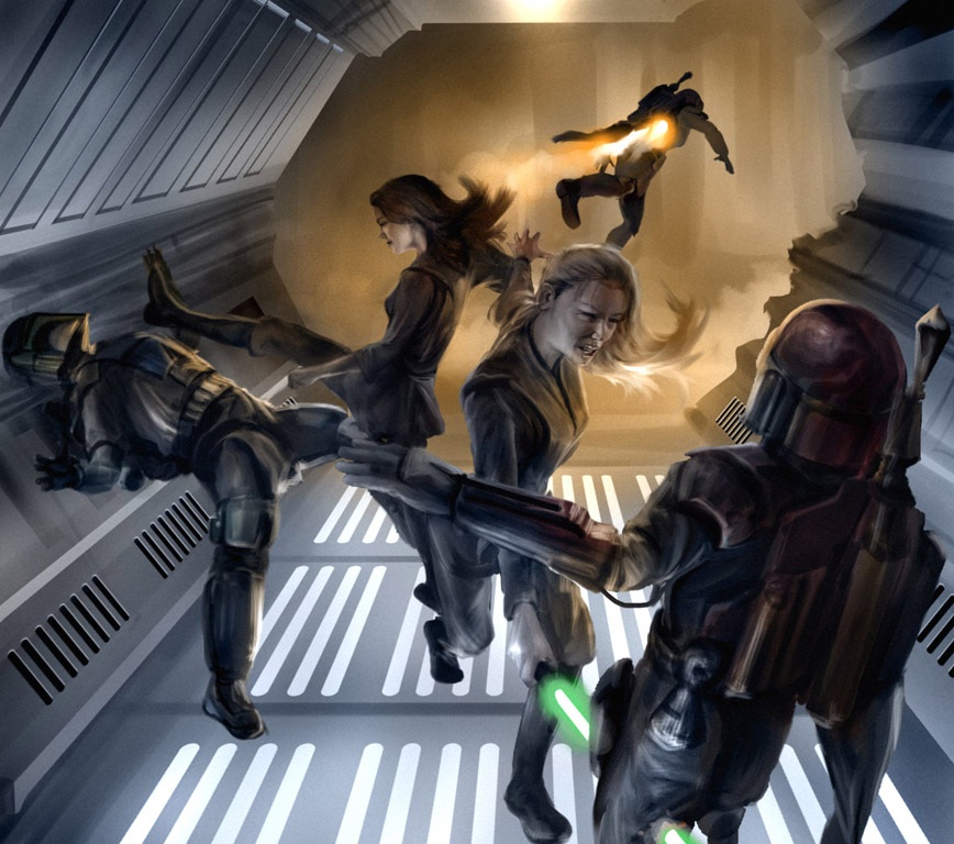 Jaina Solo and Sarkin Tainer fight off the Mandalorians