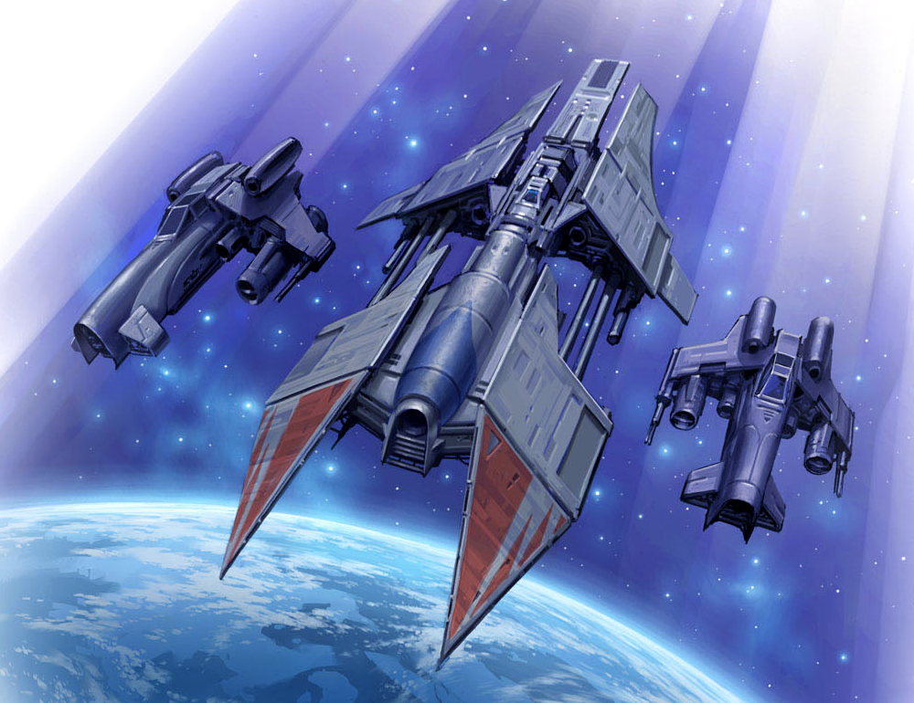 A Rihkxyrk Assault Fighter flying in formation with two Vaksai starfighters