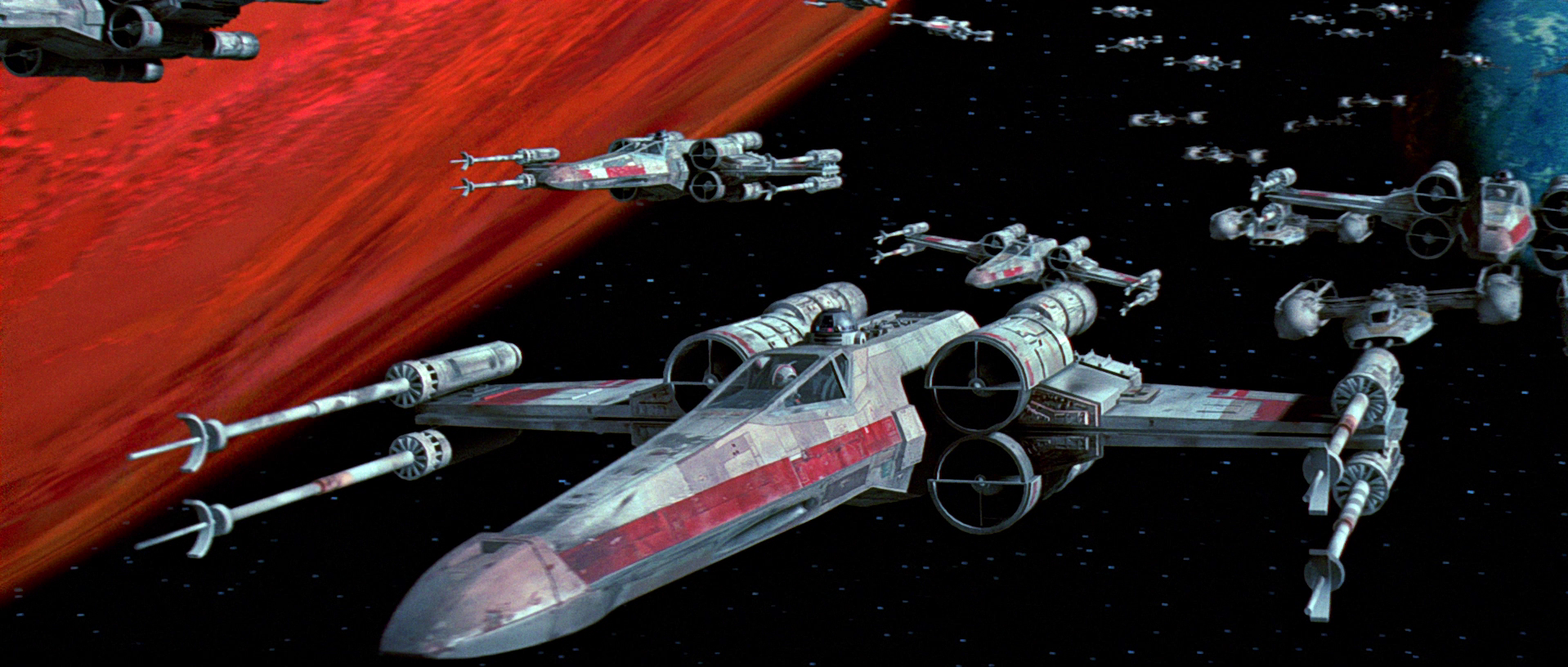 Rebel Alliance fighters flying towards the Death Star