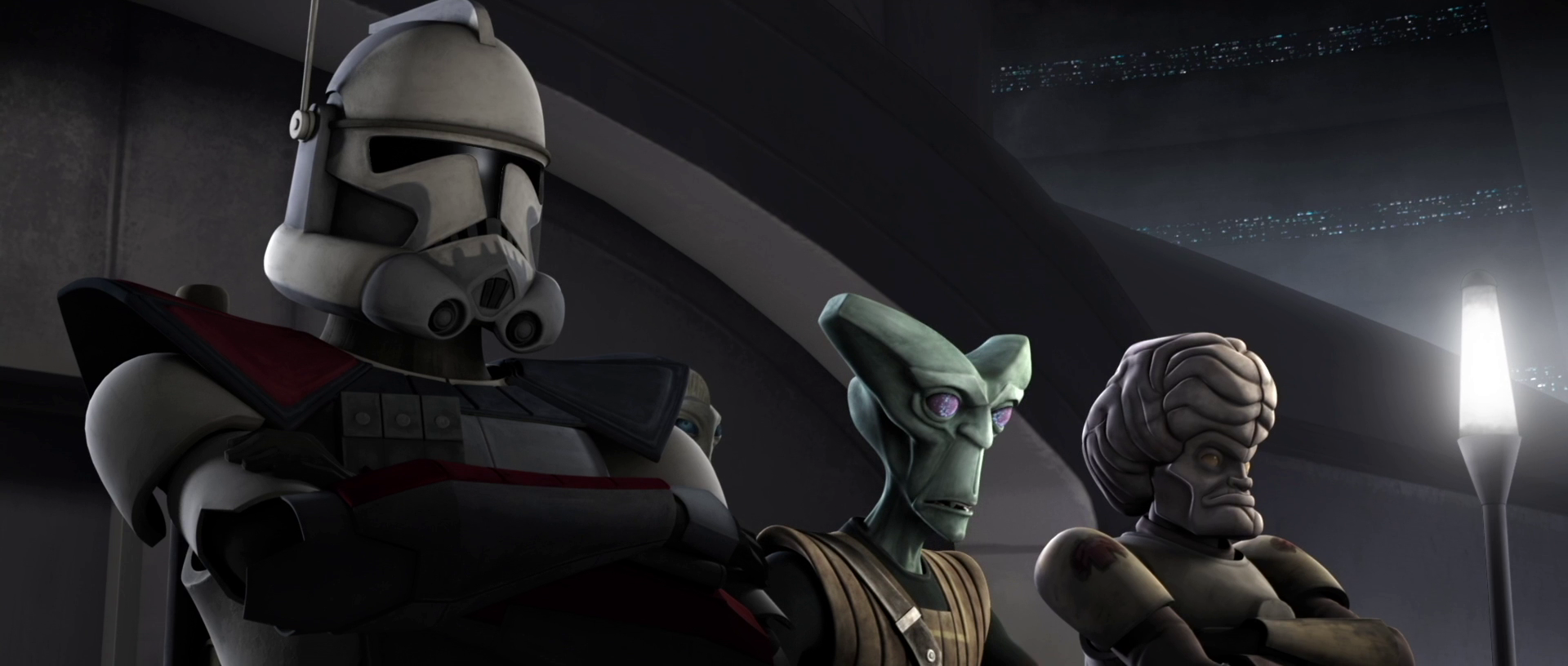 Commander Colt, Bric, and El-Les observe the progress of clone cadets.