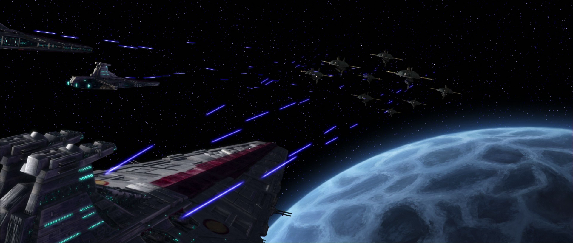 Republic reinforcements drive back Grievous' fleet.