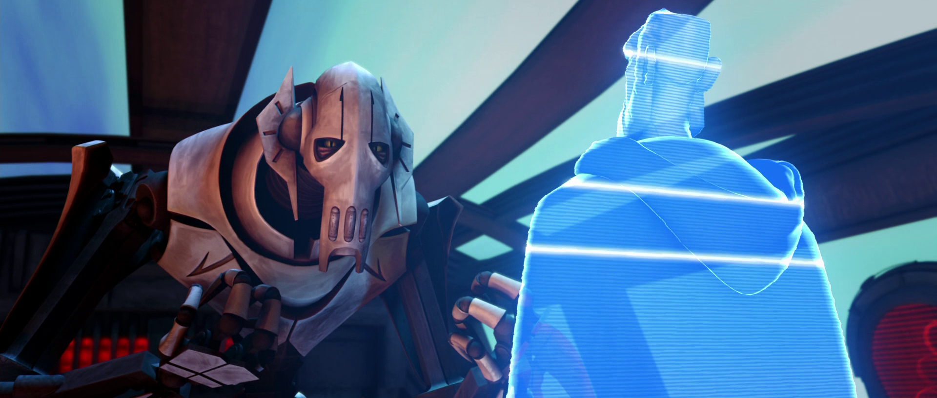 Grievous confers with Count Dooku aboard the Malevolence.