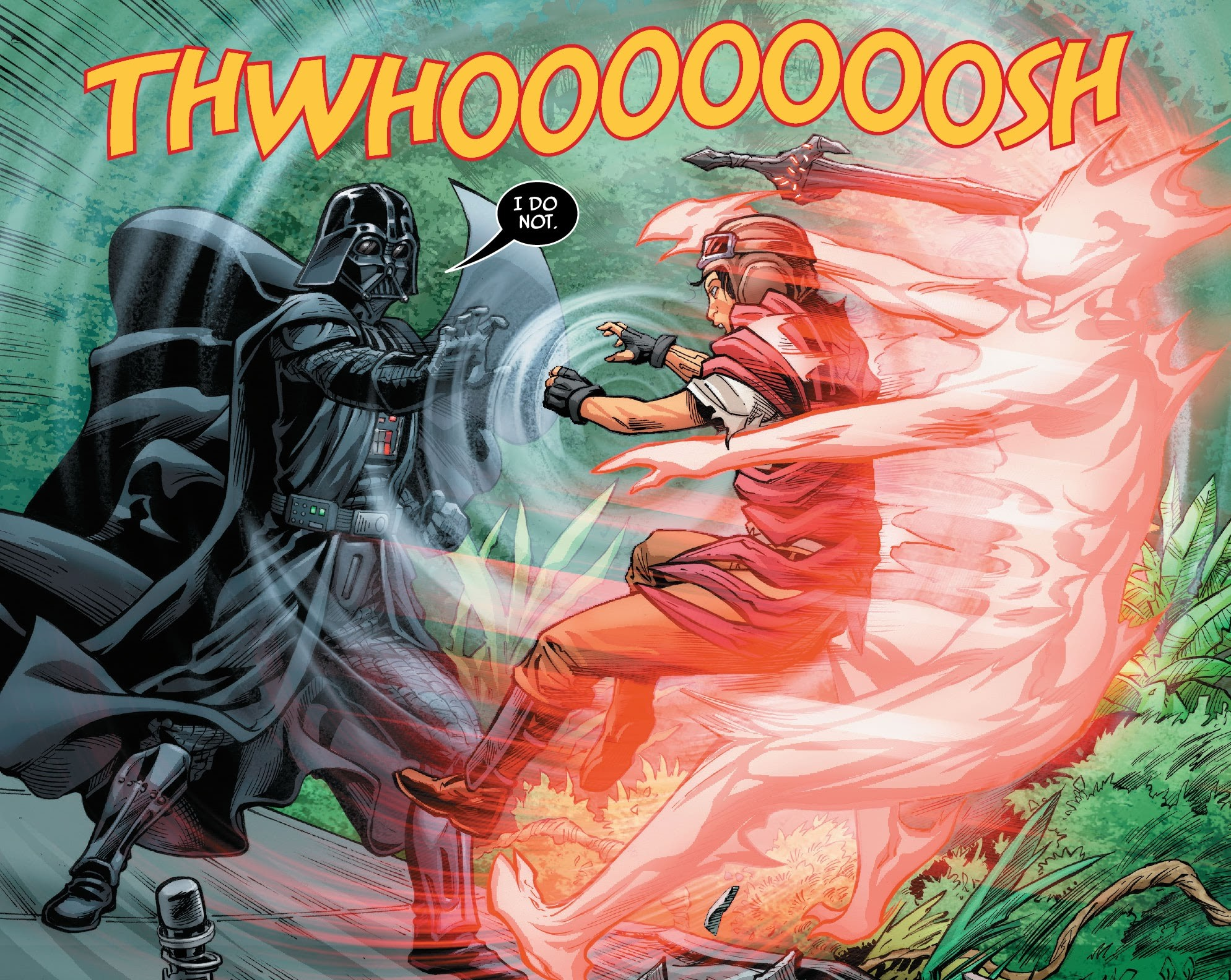 Darth Vader uses a Force push to throw Chelli Lona Aphra back and remove the Spark Eternal from her body.