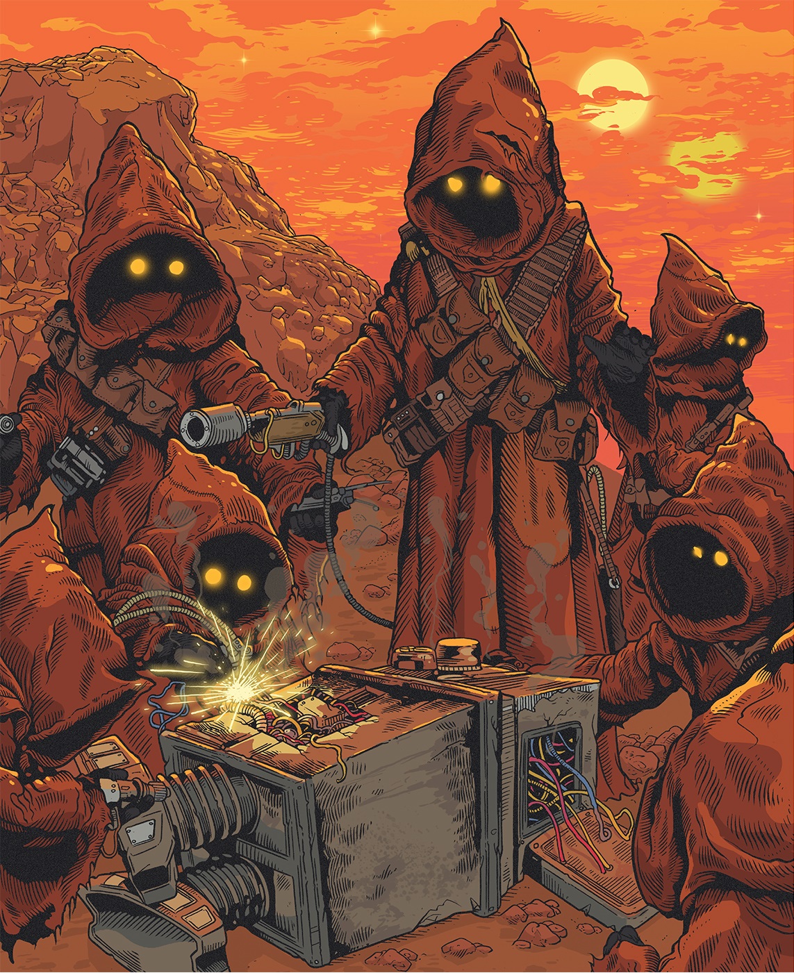 A group of Jawas scavenging a power droid