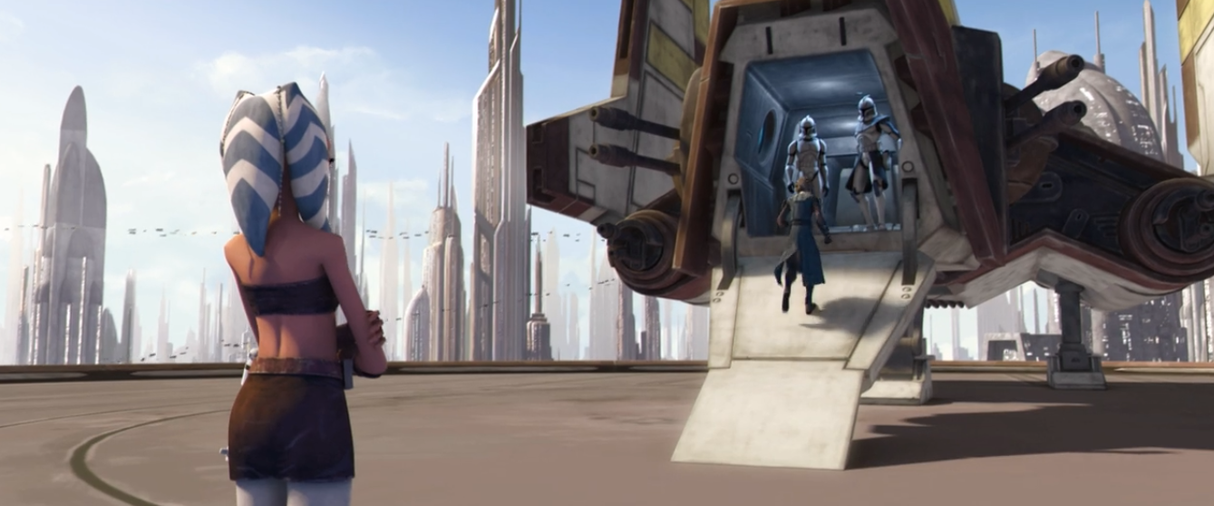 Ahsoka Tano watches as Anakin Skywalker and Captain Rex prepare to leave on a Nu-class transport for Balith.