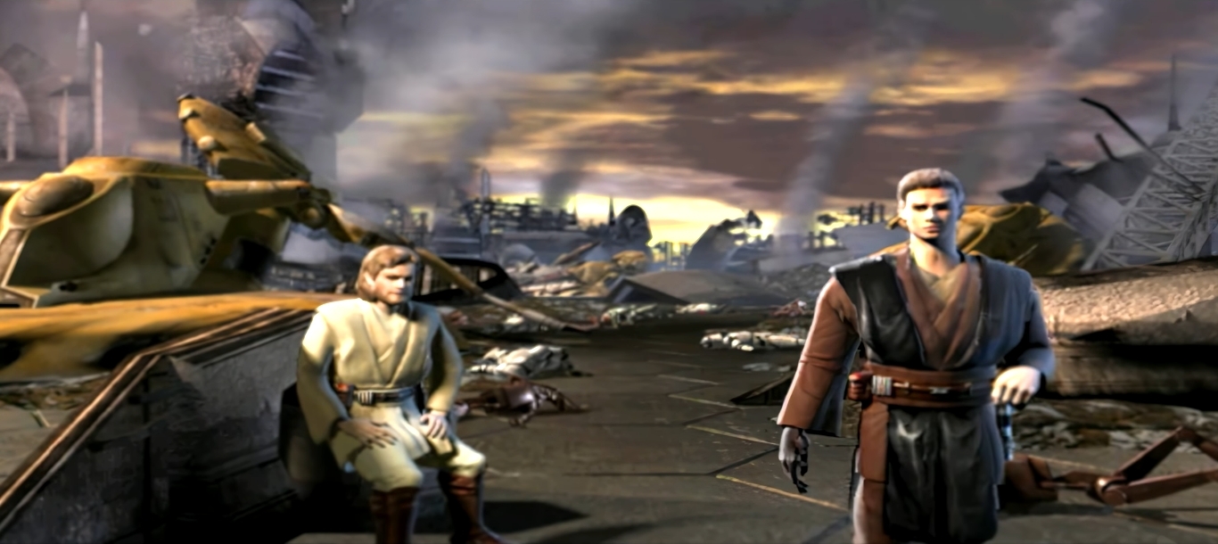 Anakin Skywalker and Obi-Wan Kenobi, surrounded by the aftermath of the Battle of Thule, which was fought primarily in Kesiak.