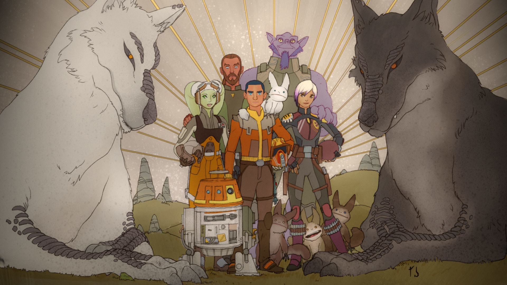 Sabine's mural of Kanan and the other Spectres, flanked by loth-wolves