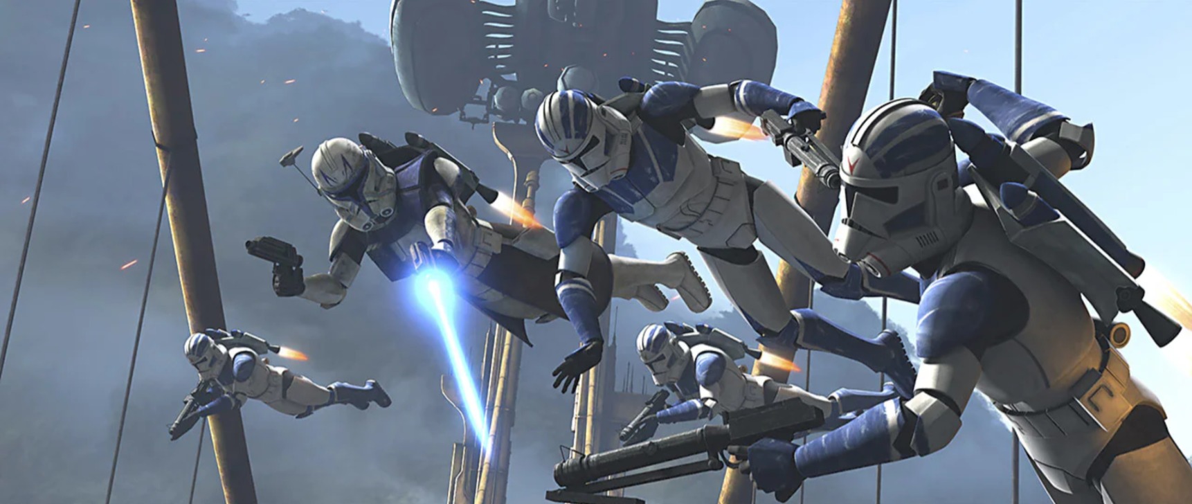 The 501st, led by Rex, destroys the blockade in a surprise attack on jetpacks.