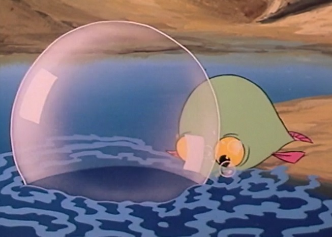 Teebo's fish friend deflates as he creates a sea bubble.