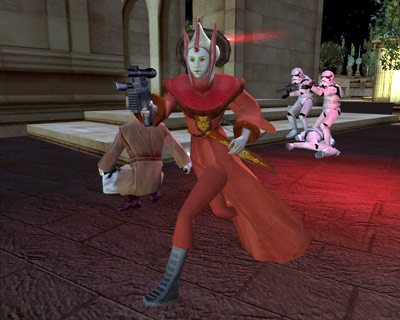 Queen Apailana during the battle, as she is pursued by two Stormtroopers.