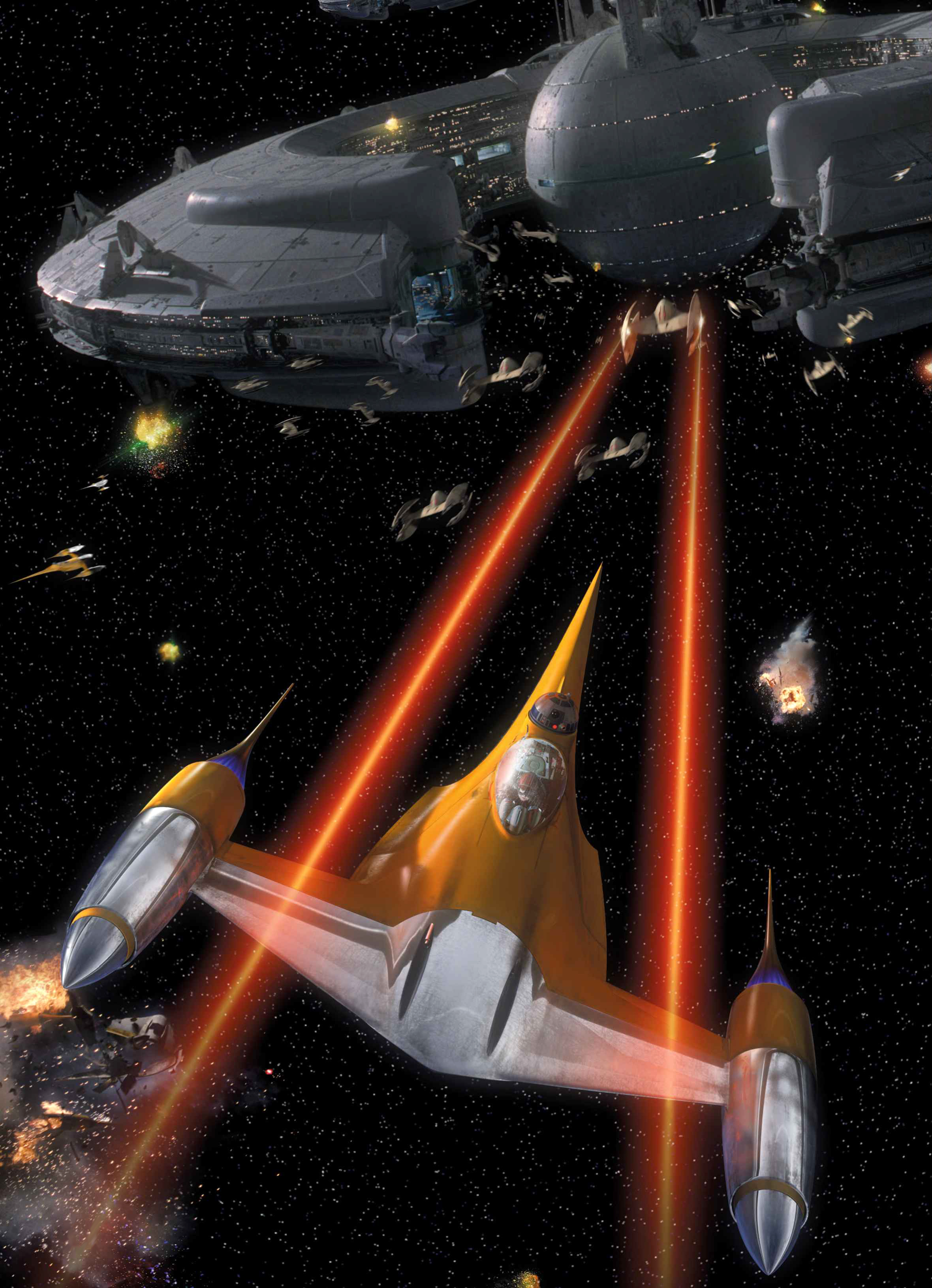 Droid starfighters engaged the Naboo fighters around the Trade Federation Droid Control Ship.