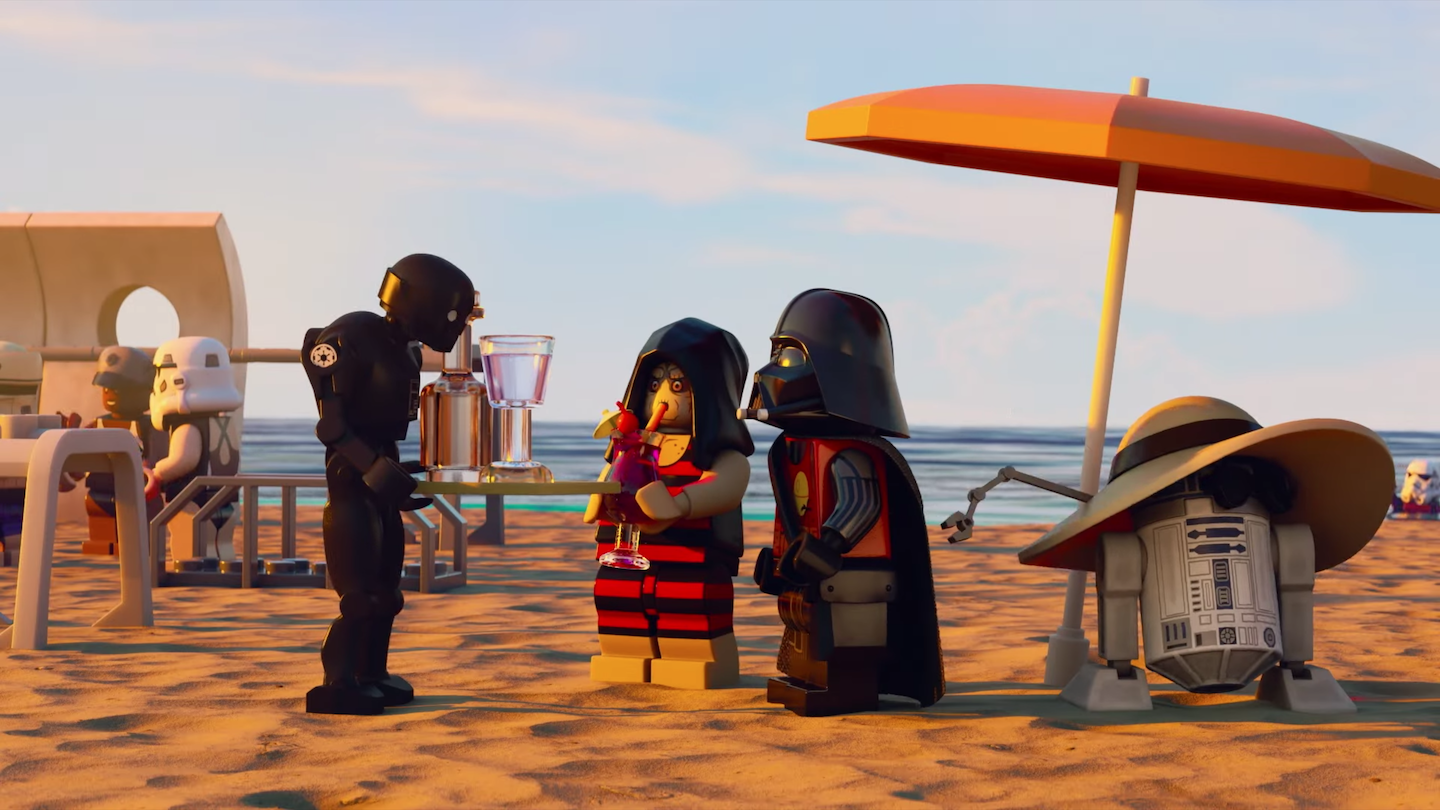 Emperor Palpatine and Darth Vader on holiday on Niamos, with R2-D2 undercover beside them