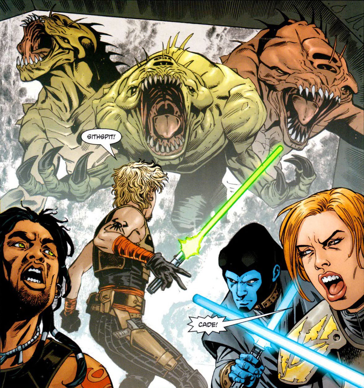 Cade Skywalker and his companions are attacked by rakghouls aboard the Pellaeon-class Star Destroyer, Iron Sun.