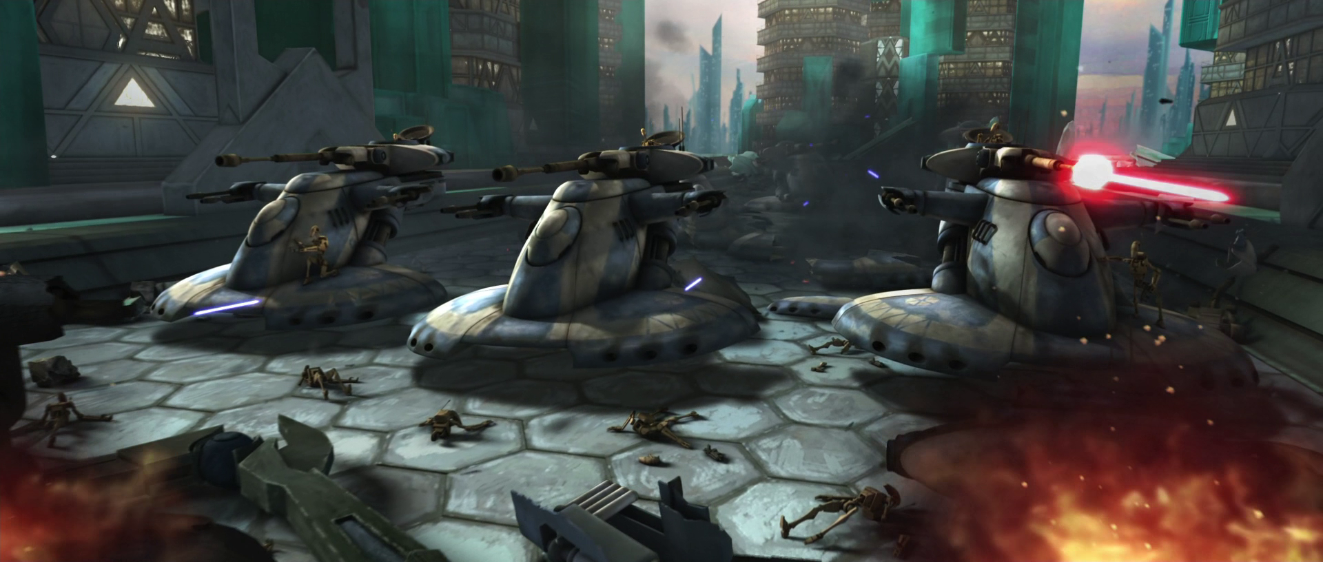 Armored Assault Tanks advance through Crystal City in the Separatists' second wave.