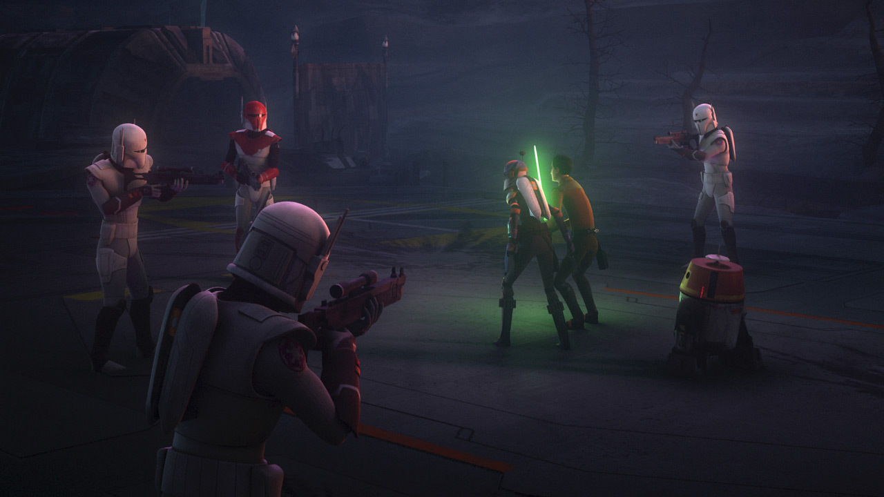 Saxon and his Super Commandos facing Sabine and her rebel companions