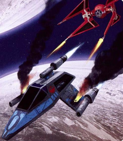 A T-wing under attack from a Royal Guard TIE Interceptor