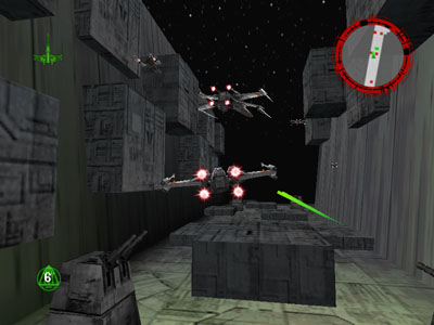 "The Death Star Trench Run": The X-wing re-enacts the final moments of A New Hope.