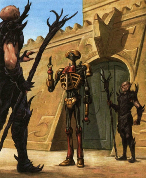 Two Yuuzhan Vong confronting an FEG-series pilot droid