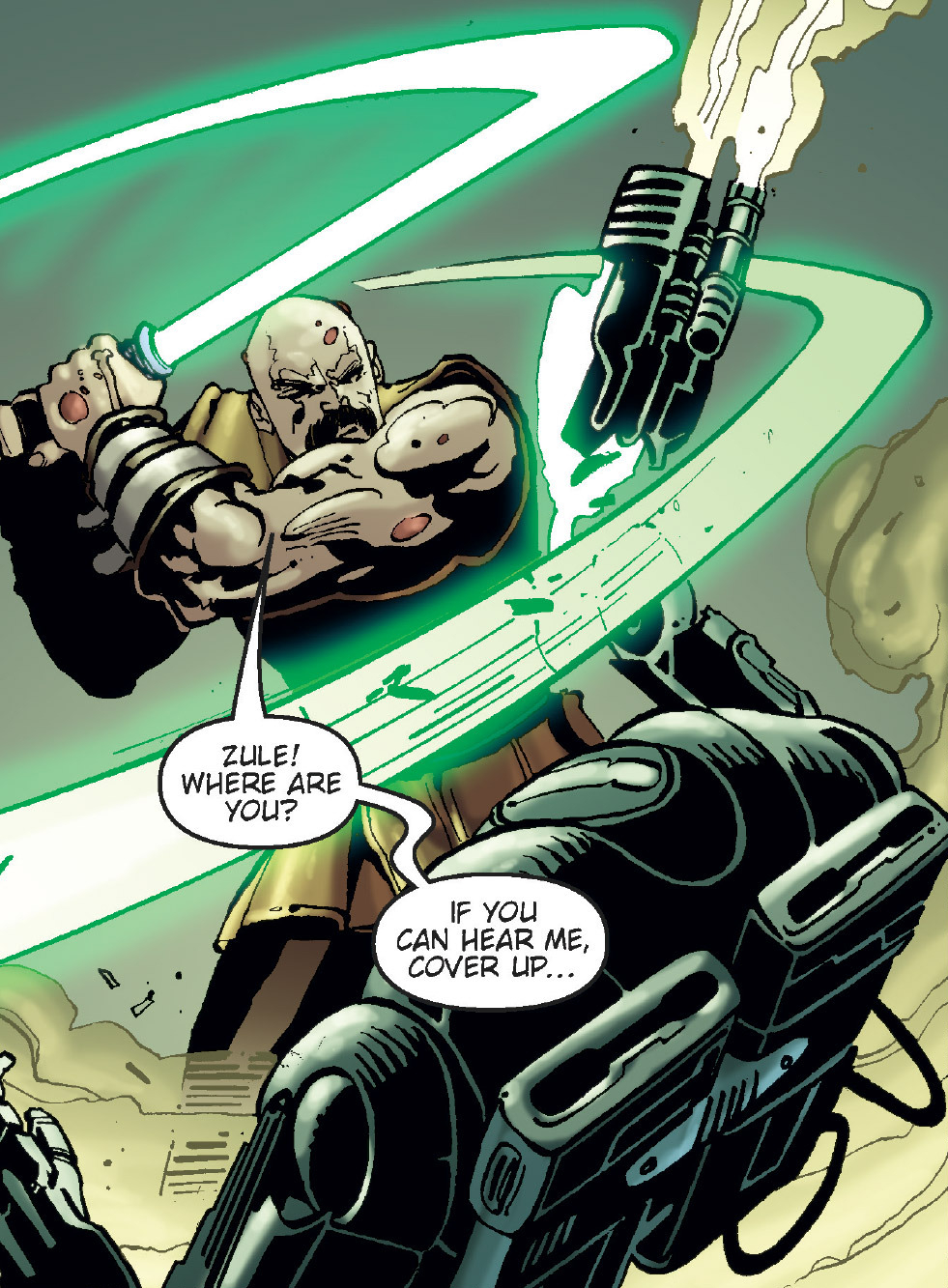 Jedi Knight Glaive destroys one of the battle droids.