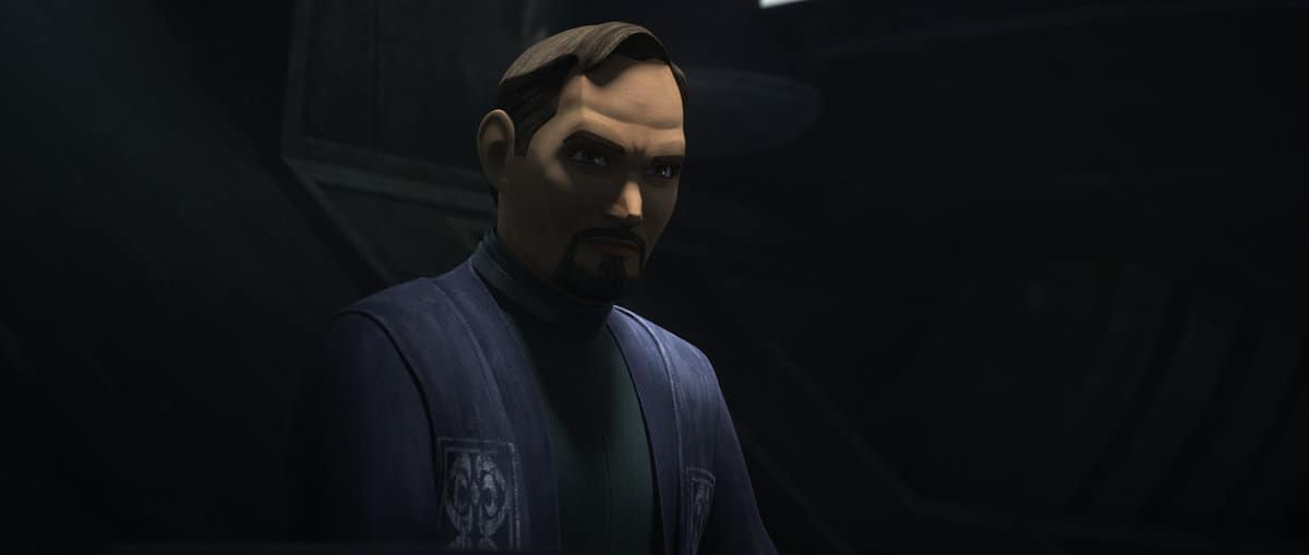 While waiting to be delivered the command log from Rampart's ship, Senator Organa watches Chuchi accuse the admiral of misappropriating funds meant for Kamino.