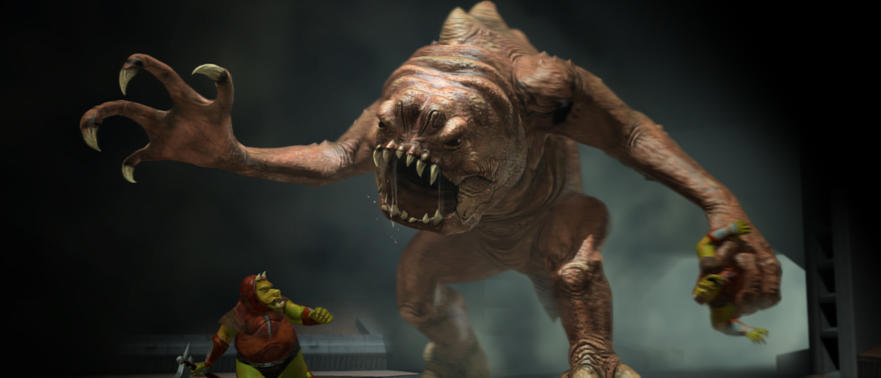 The rancor in the northeastern part of the sewers attacking Gamorreans