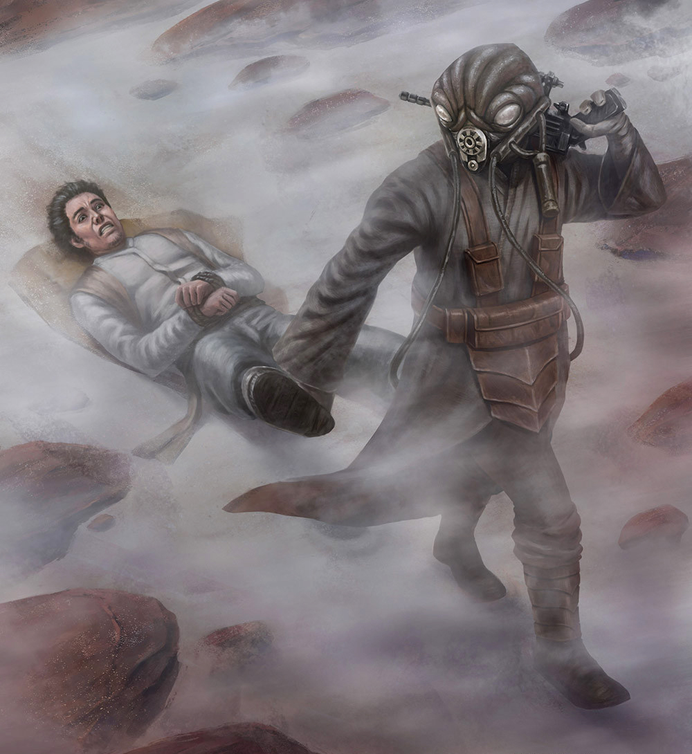 Zuckuss dragging a captured bounty behind him