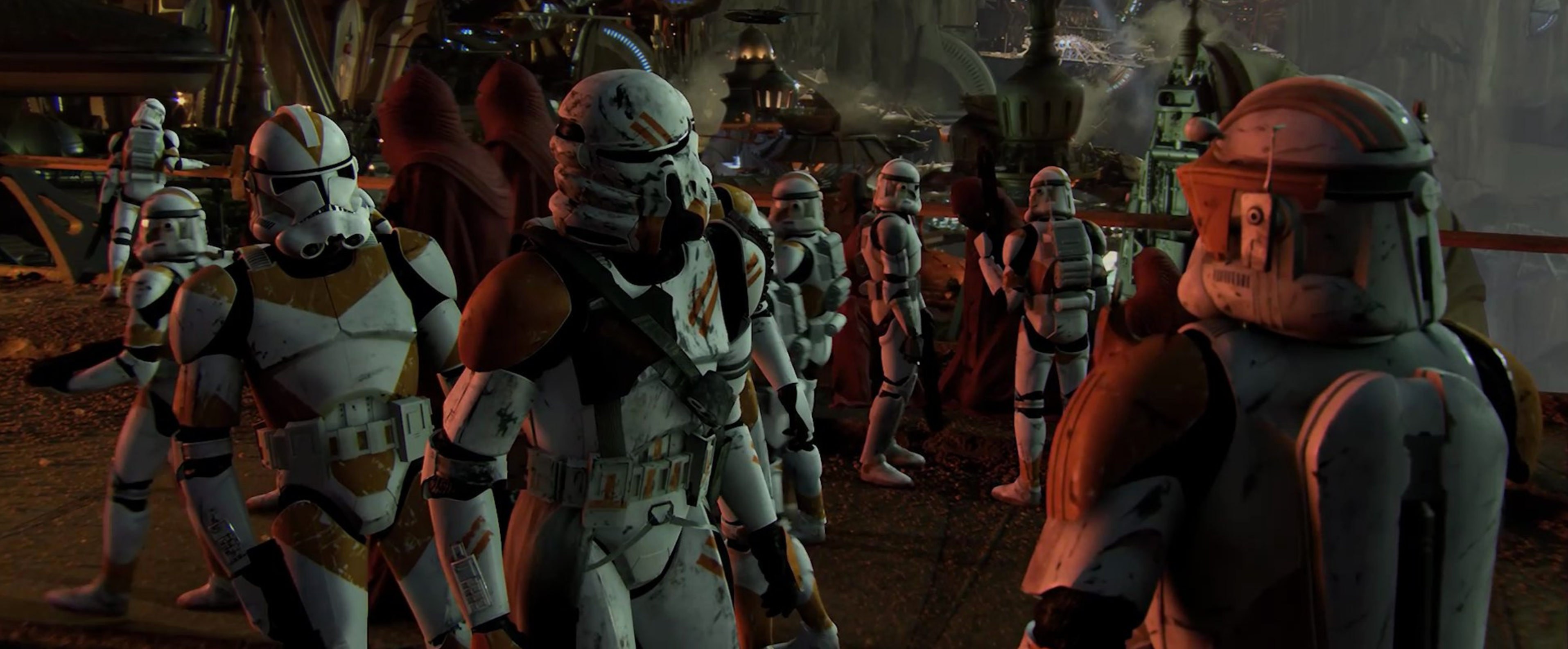 A clone paratrooper reports to Commander Cody in the aftermath of the Battle of Utapau.