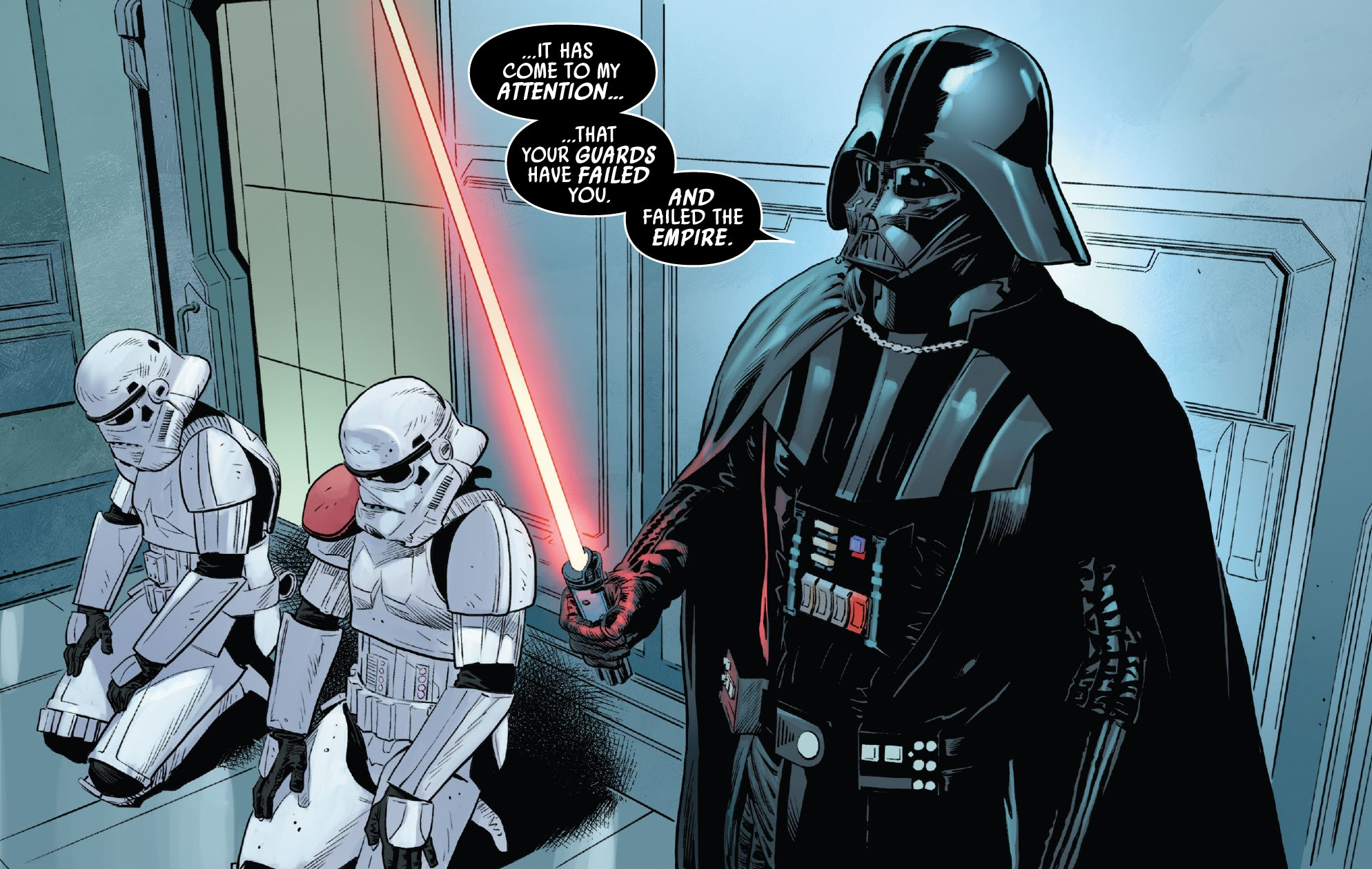 Darth Vader threatens the lives of stormtroopers KA-336 and KV-222 as a test to see if the woman before him is really Sabé.