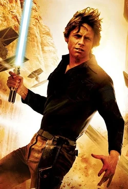 Luke Skywalker stands in a black shirt and brown pants with a blue lightsaber active in his right hand. Behind him, TIE fighters fly across a brightly lit rocky surface.