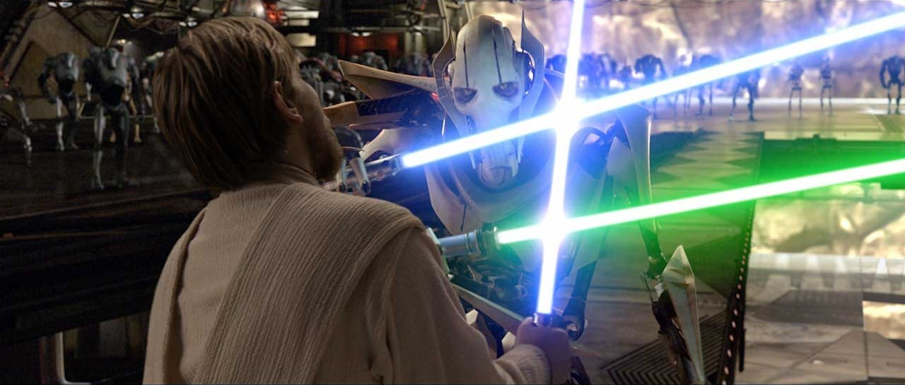 During their duel, Kenobi gained the upper hand and quickly severed Grievous' two hands.