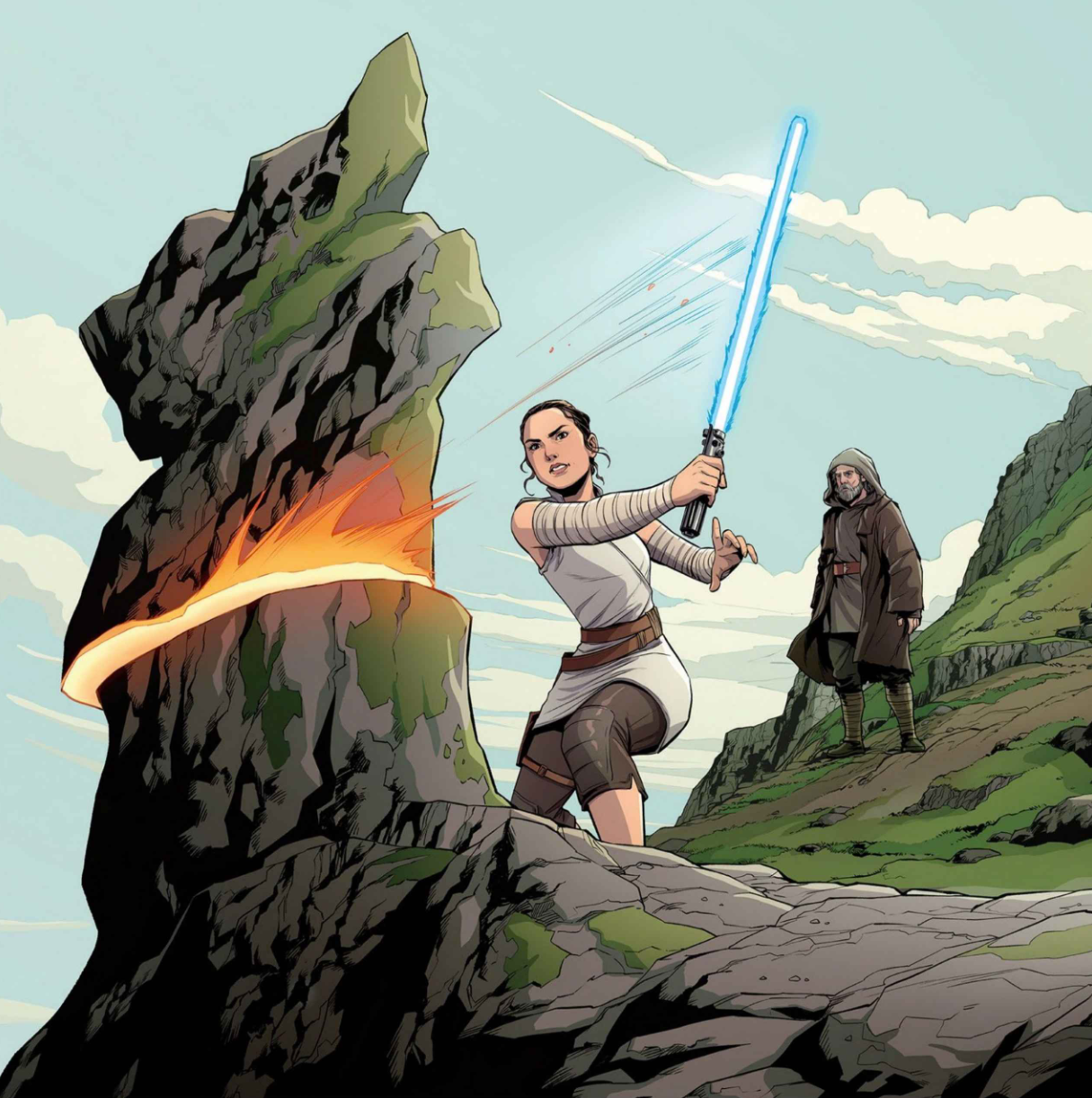 Rey tests out her skills with a lightsaber as Luke Skywalker looks on.