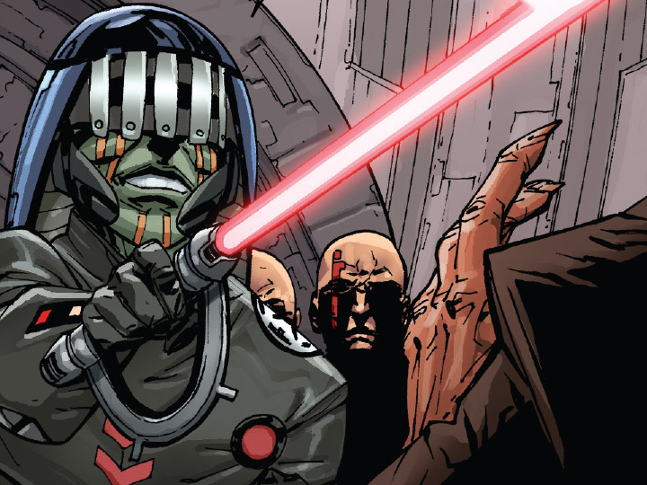 The Sixth Brother threatens Ferren Barr with his lightsaber